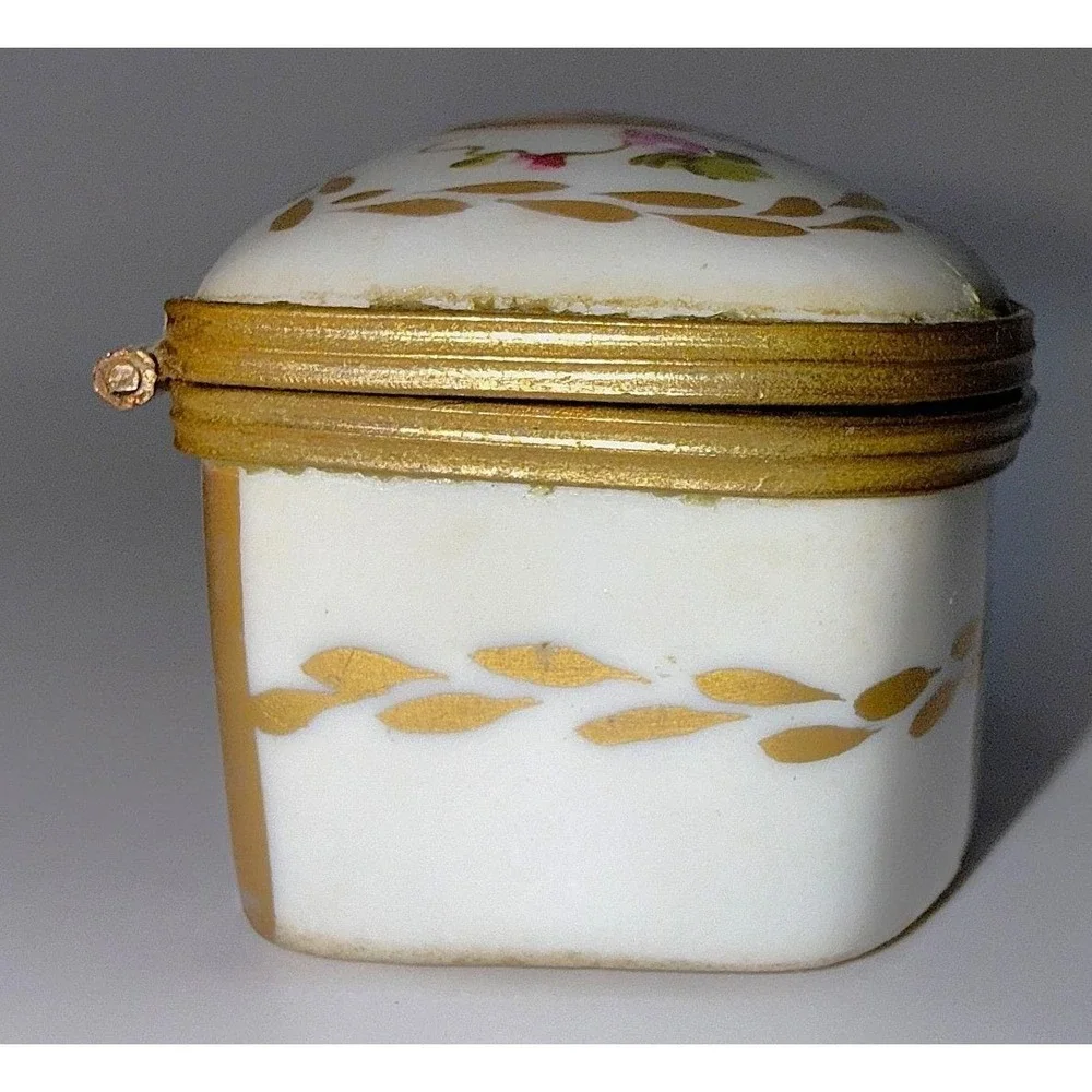 Antique Sevres Style Porcelain Kidney Trinket Box Hand Painted Musical Trophy